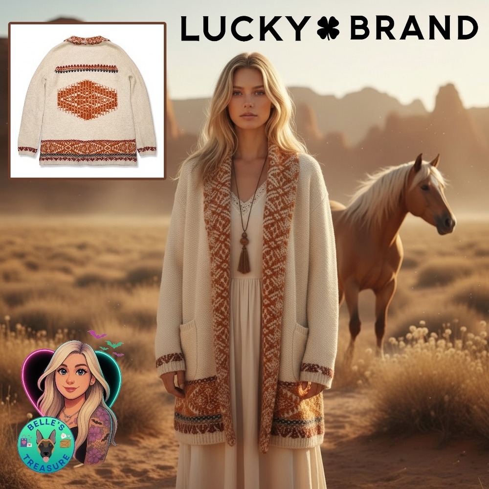 Lucky Brand Large Cardigan Aztec Tribal Sweater Cowichan Shawl Collar‎ Southwest